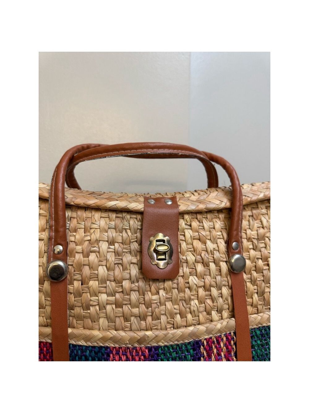 Women's Vintage 1970s Woven Straw Tote Bag Embroidered - Picture 3 of 6